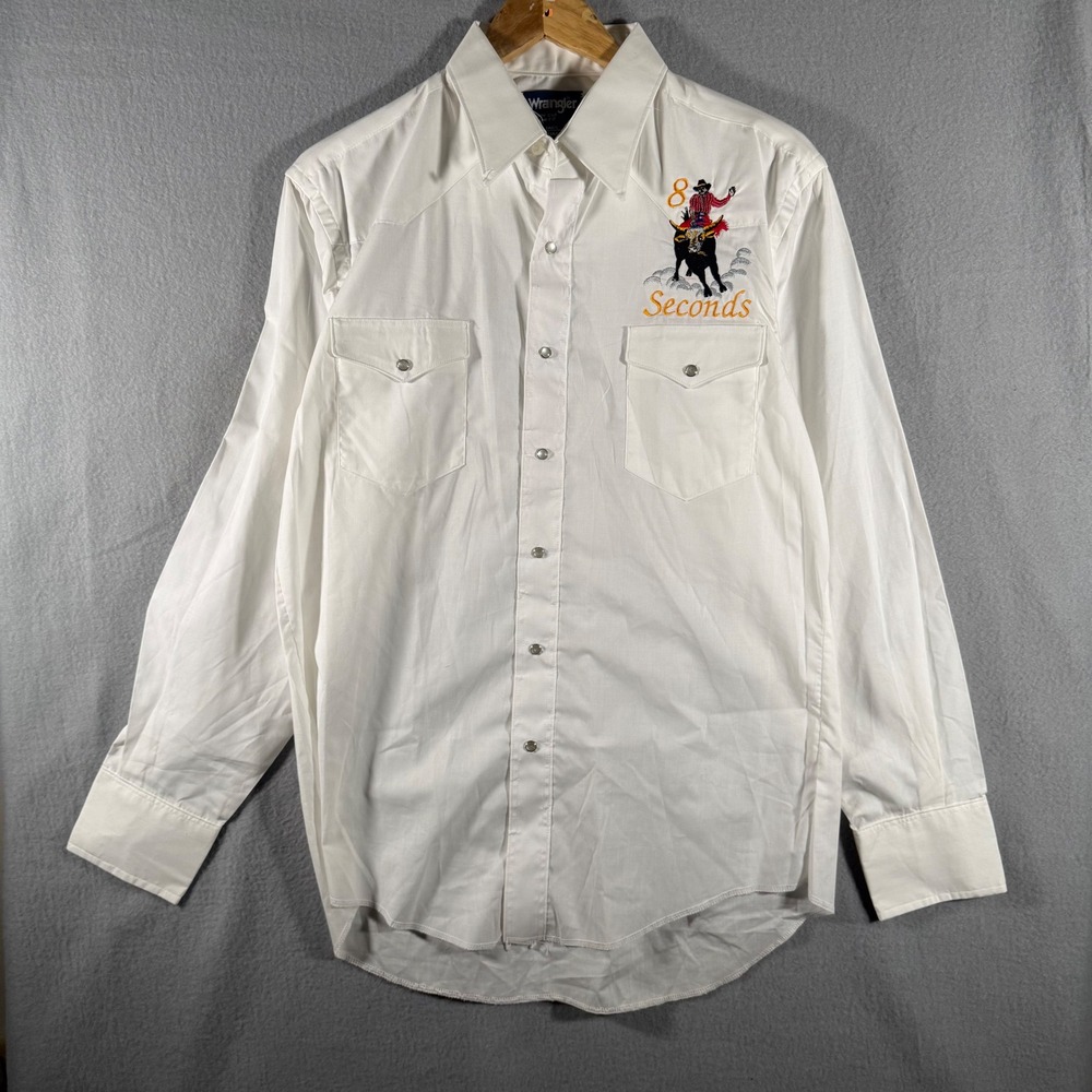 Vintage Wrangler 8 Seconds Bull Riding Pearl Snap Western Shirt White 16x35